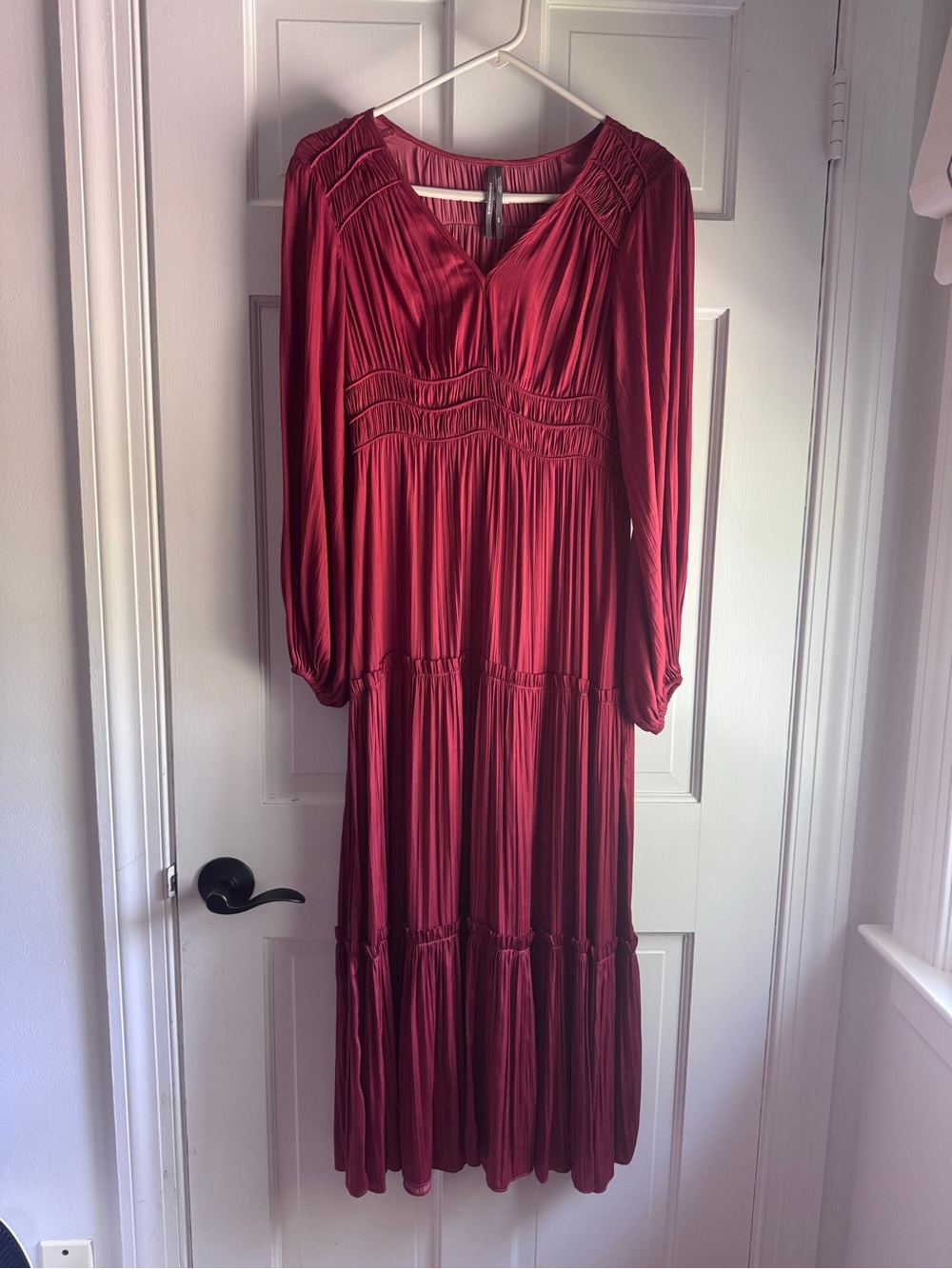 Anthropologie Burgundy Pleated Long Sleeve Maxi Dress XS Petite